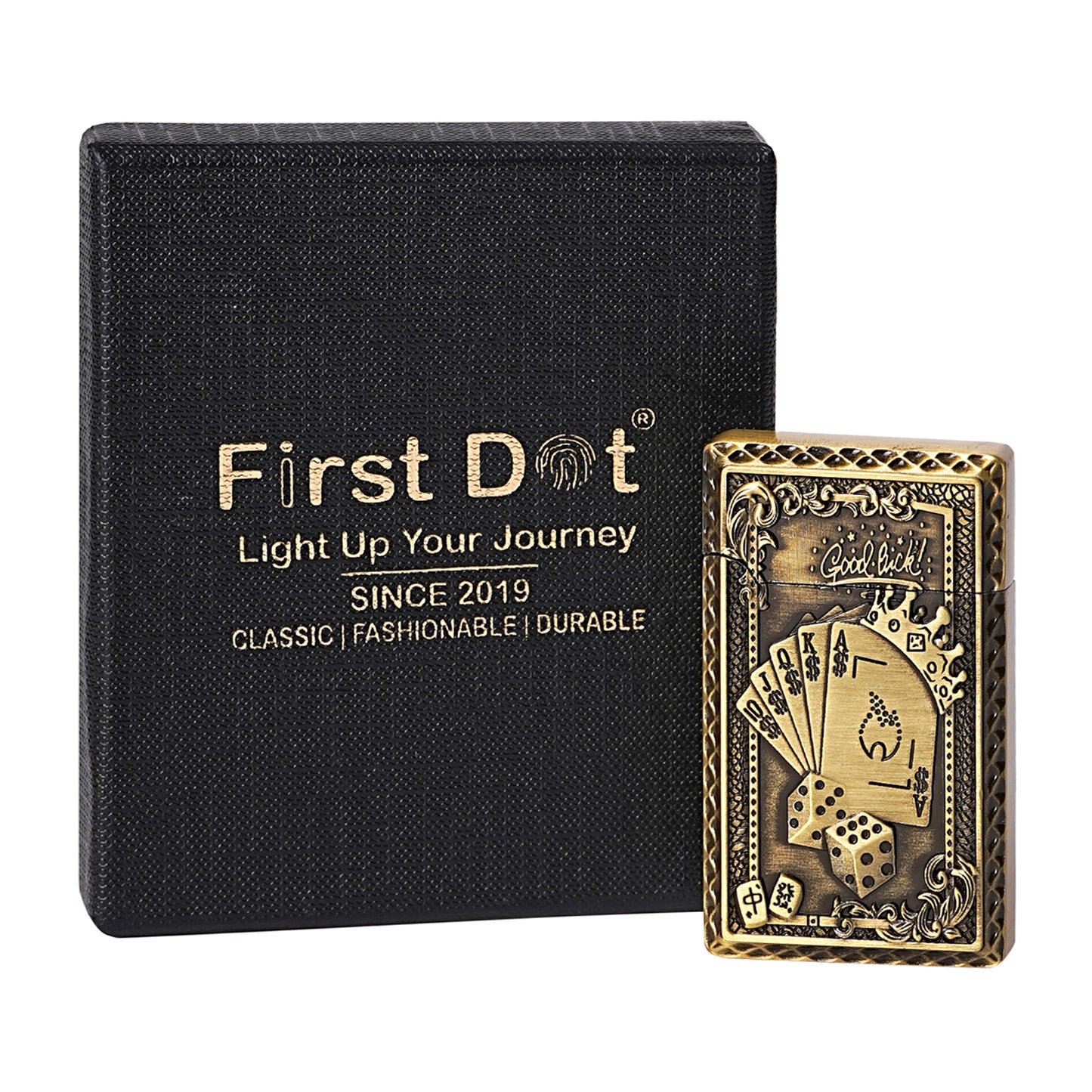 First Dot Vintage Playing Card and Dice Motif Embossed Luxury Windproof Lighter Gift for Men - Pocket Lighter