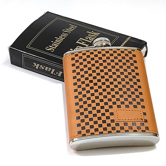 Premium Pocket Checkered Wrap Brown Stainless Steel Hip Flask – Gift for Men | First Dot