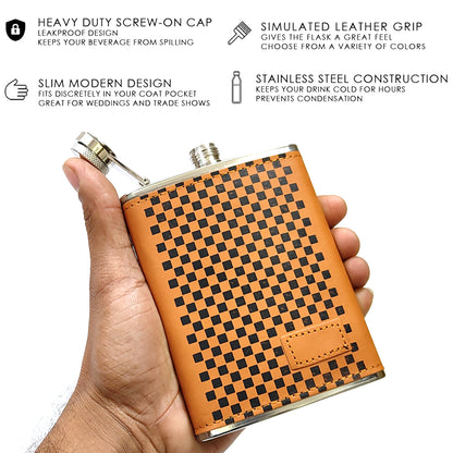 Premium Pocket Checkered Wrap Brown Stainless Steel Hip Flask – Gift for Men | First Dot