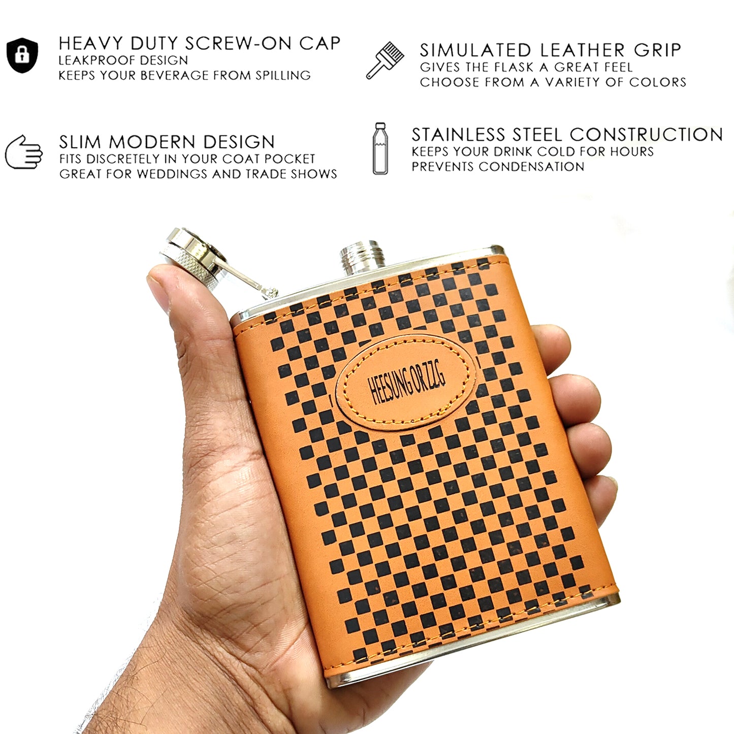 Premium Checkered Wrap Brown Stainless Steel Hip Flask – Gift for Men | First Dot