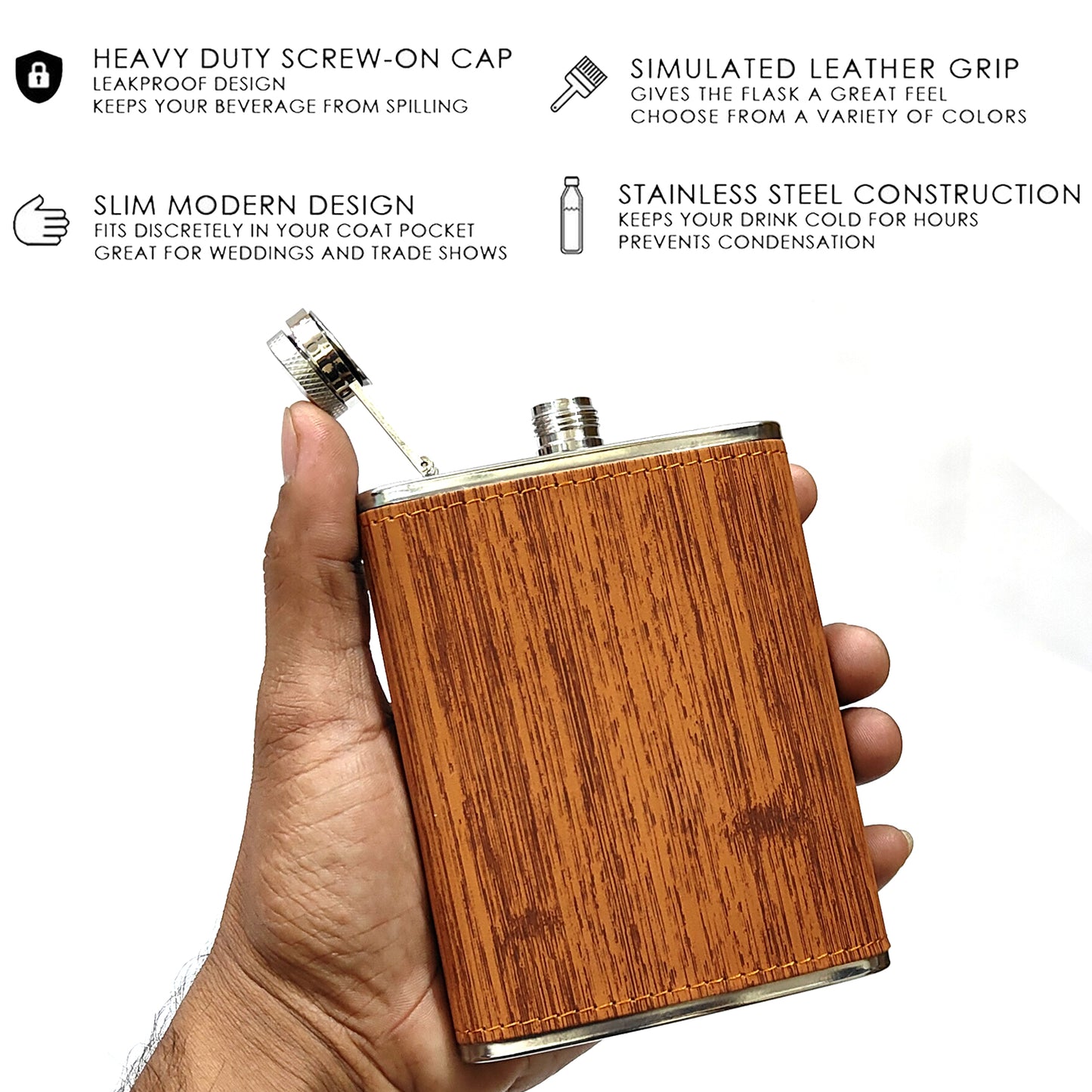 Premium Wood Pattern Pocket Stainless Steel Hip Flask – Gift for Men | First Dot