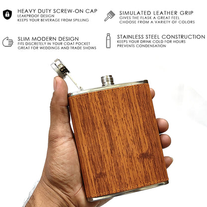 Premium Wood Pattern Pocket Stainless Steel Hip Flask – Gift for Men | First Dot