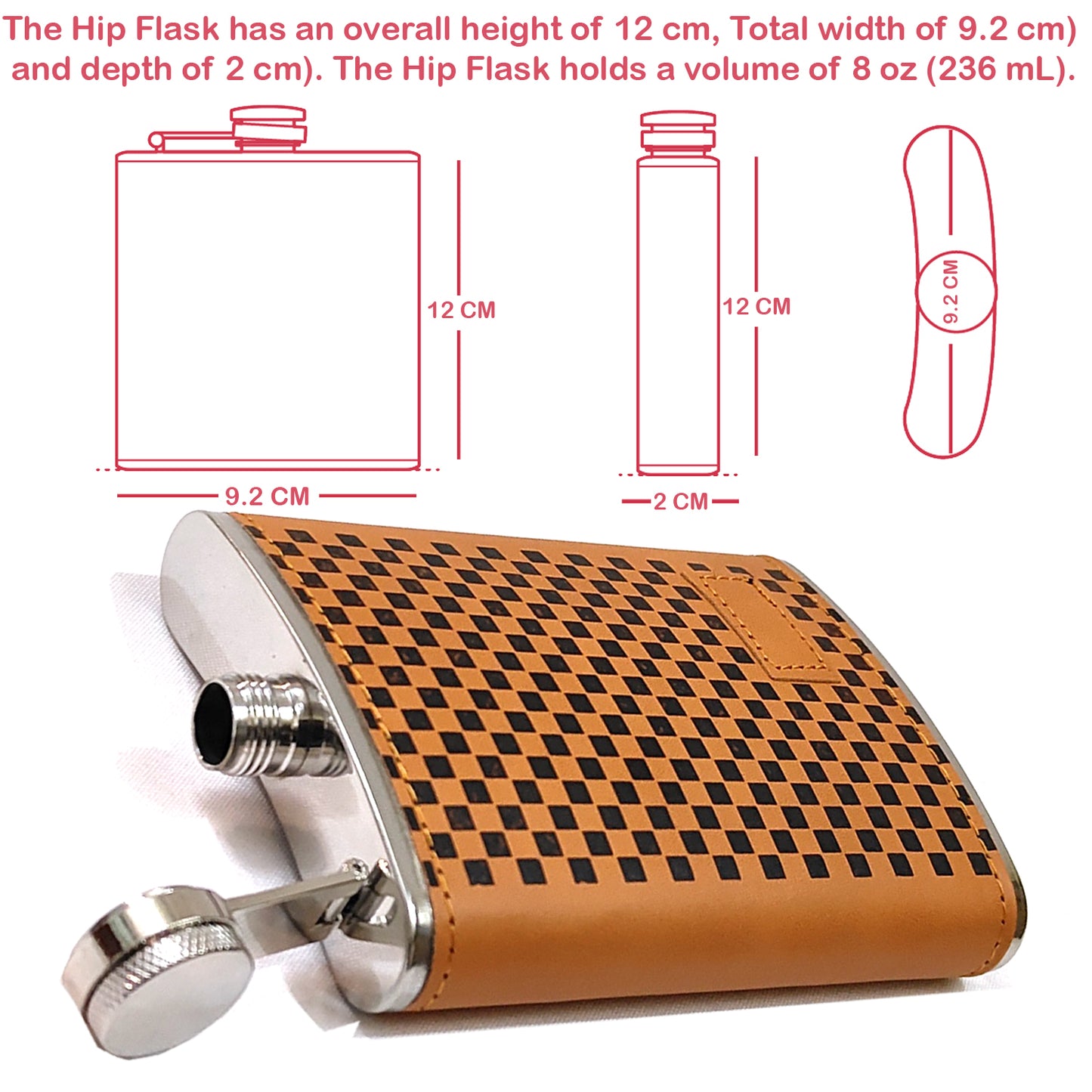 Premium Pocket Checkered Wrap Brown Stainless Steel Hip Flask – Gift for Men | First Dot