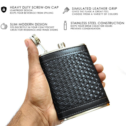 Premium Checkered Wrap Black Stainless Steel Hip Flask – Gift for Men | First Dot