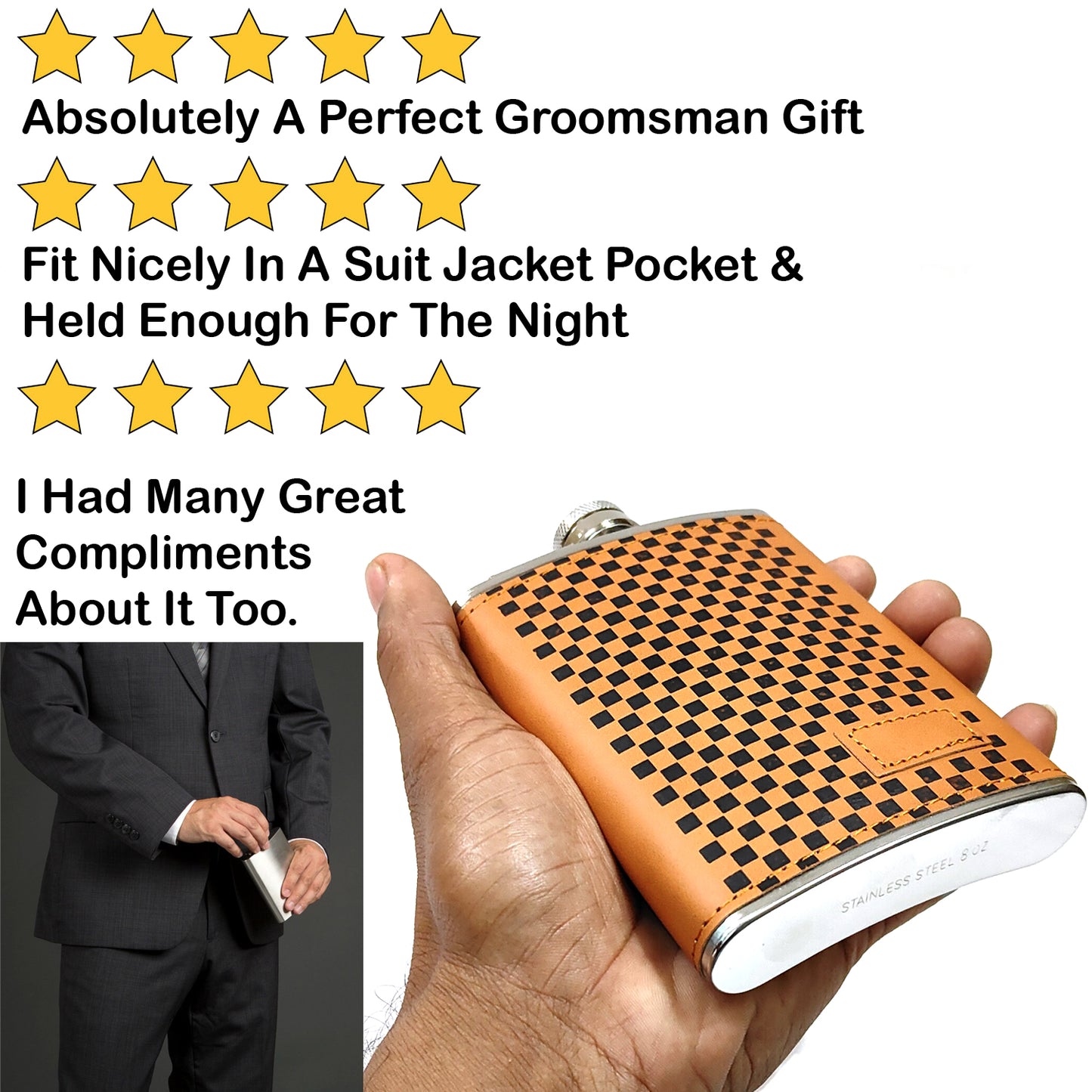 Premium Pocket Checkered Wrap Brown Stainless Steel Hip Flask – Gift for Men | First Dot