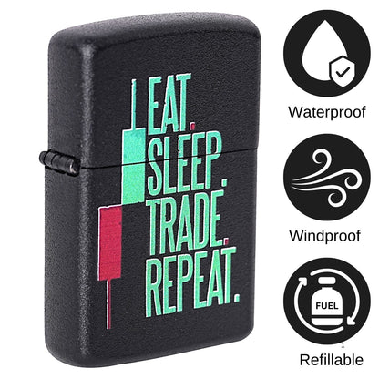 First Dot Eat Sleep Trade Repeat Candle Luxury Windproof Lighter Gift for Men - Pocket Lighter