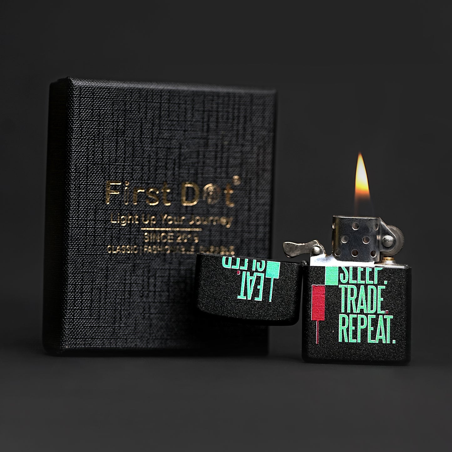 First Dot Eat Sleep Trade Repeat Candle Luxury Windproof Lighter Gift for Men - Pocket Lighter