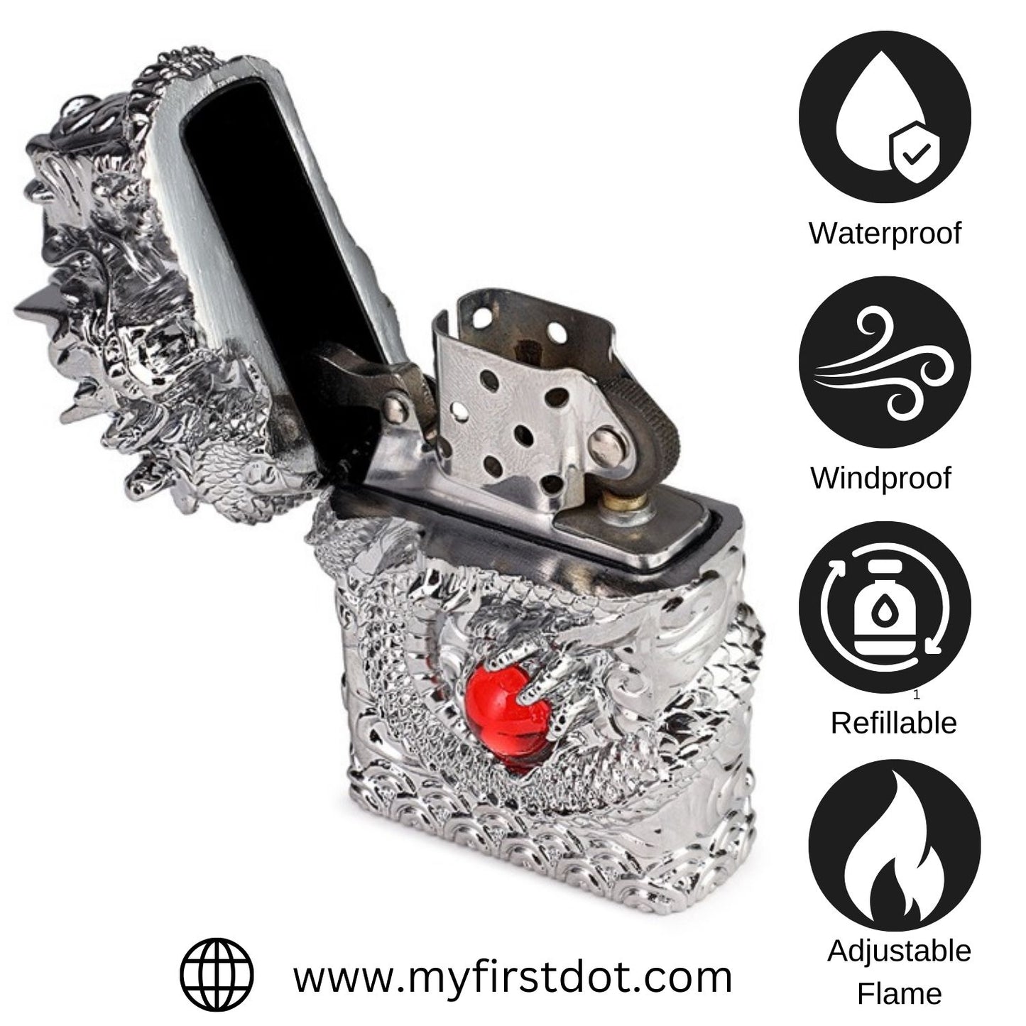 Soft Flame Dragon Lighter | Grinding Wheel, Refillable | First Dot